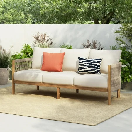 Christopher Knight Home Contemporary 77" Outdoor Sofa with Cushions, Solid Wood Frame, Rope Arms, Teak+Beige | Walmart (US)