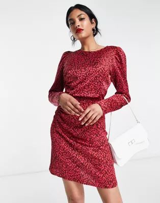 Vila satin mini dress with ruched side in red animal print | ASOS (Global)