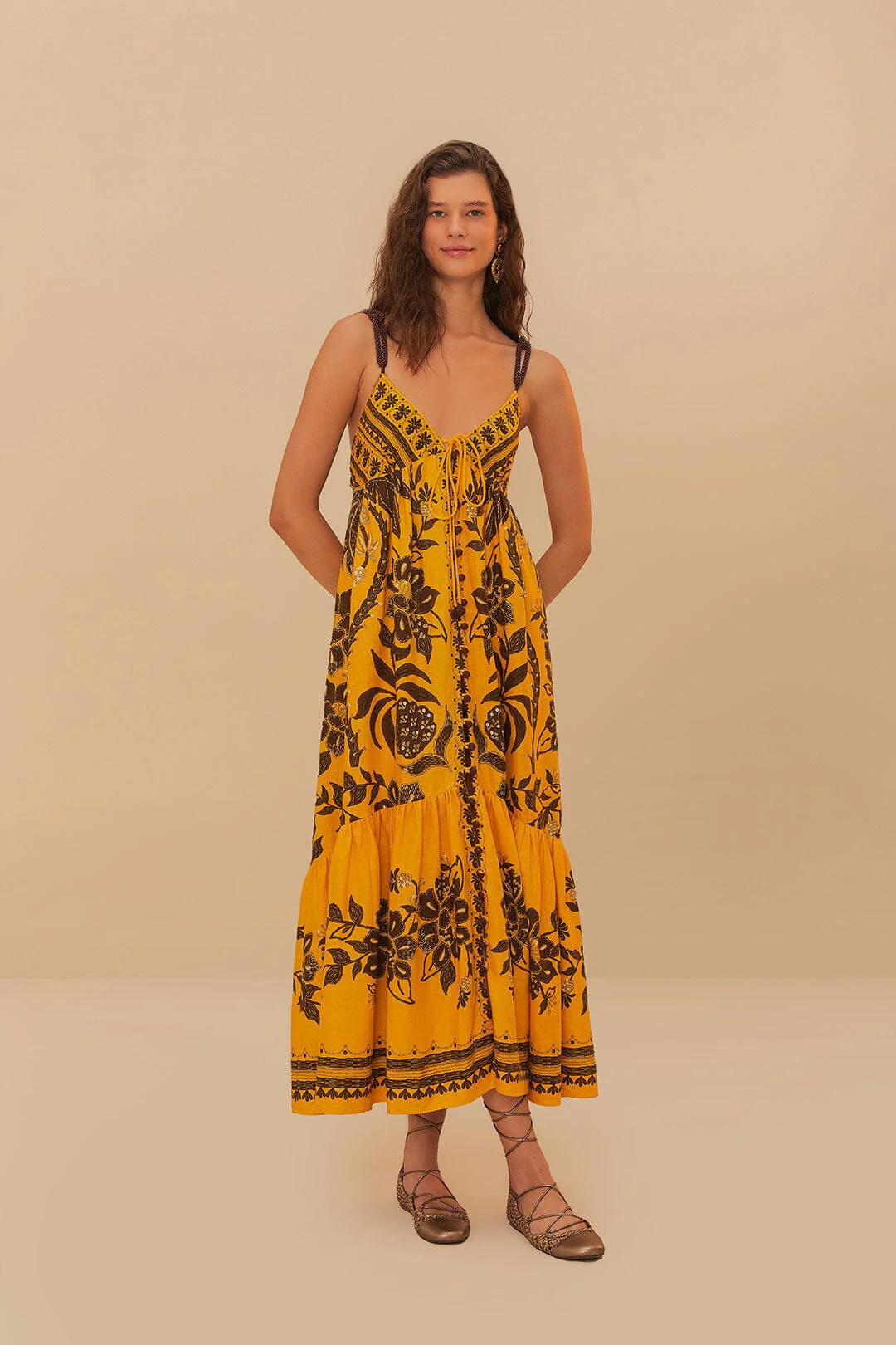 Yellow Golden Oasis LENZING ECOVERO Euroflax Maxi Dress, GOLDEN OASIS YELLOW / XL | FarmRio (US)