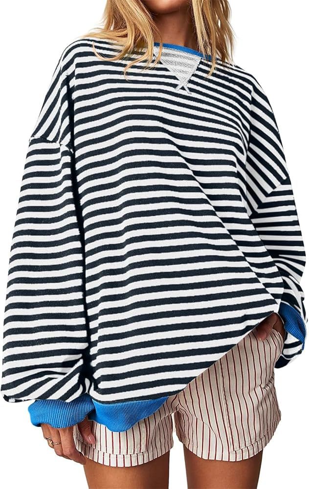 Thatrich Womens Oversized Striped Sweatshirt Casual Crewneck Long Sleeve Shirts Pullover Tops Y2K... | Amazon (US)