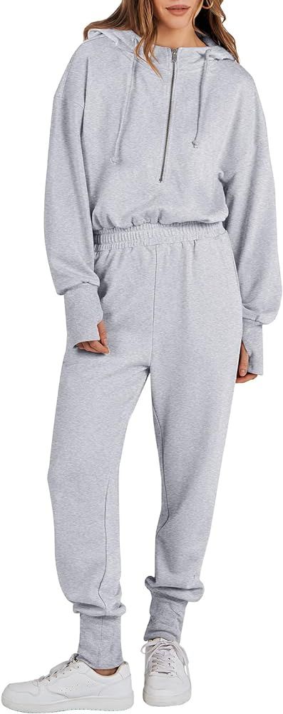 ANRABESS Womens Jumpsuits Long Sleeve Zip Up Hooded Onesie Athletic Sweatsuit Jumpsuit Lounge Lon... | Amazon (US)