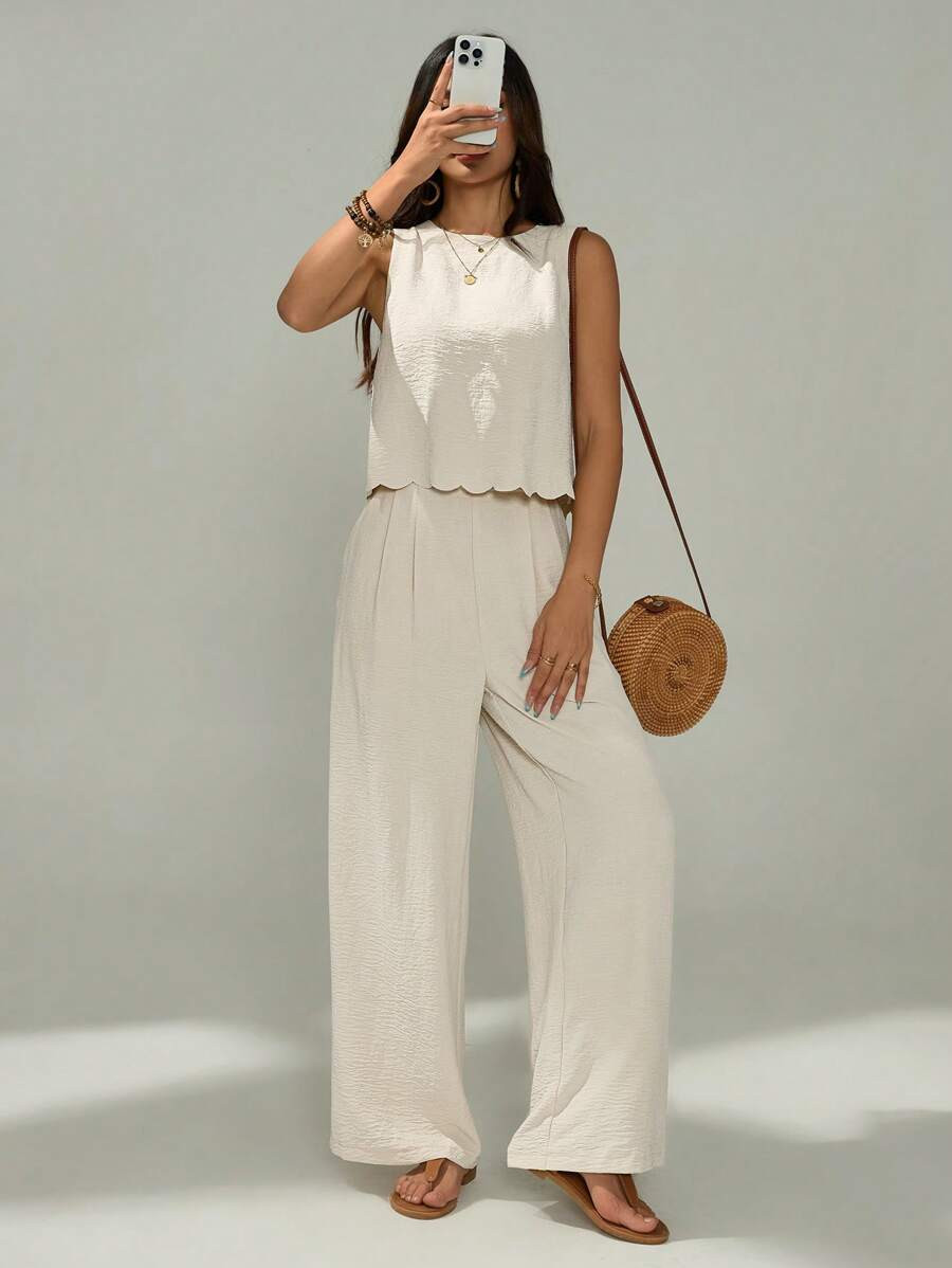 SHEIN PETITE 1set Women Vacation Casual Solid Color Camisole & Pants Two Pieces Set,Business Casu... | SHEIN