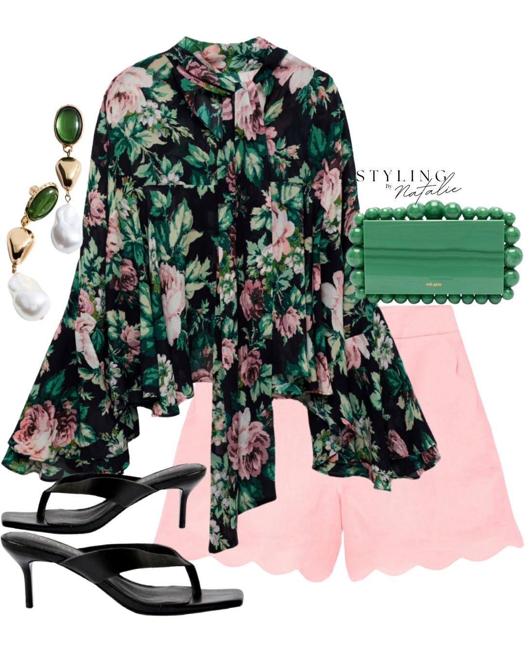 Summer date night outfit- Floral print tie neck blouse, pink scallop trim linen shorts, black kitten heel sandals, green clutch and green stone earrings. Going out outfit, summer outfit, vacation look, holiday look, Mango, Cult Gaia,  summer evening wear.


#LTKstyletip #LTKsummer #LTKpartywear