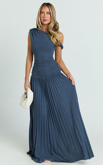 Yvonne Maxi Dress - Jersey Tip Shoulder Ruched Dress in Navy | Showpo (US, UK & Europe)