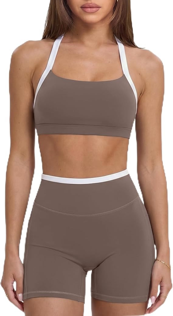 SUUKSESS Women 2 Piece Workout Sets With Pockets Padded Sports Bra High Waisted Shorts | Amazon (US)