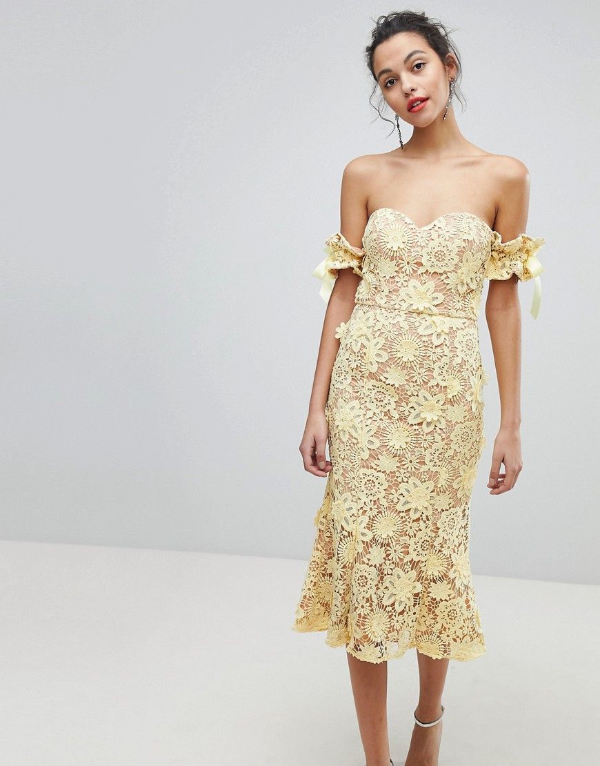 Jarlo All Over Cutwork Lace Bardot Midi Dress With Tie Sleeve Detail - Yellow | ASOS US