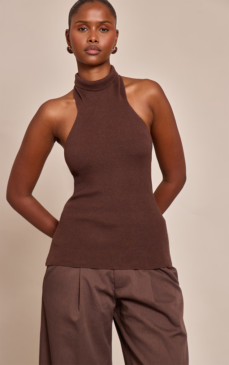 Chocolate Compact Knitted Halterneck Top | PrettyLittleThing UK