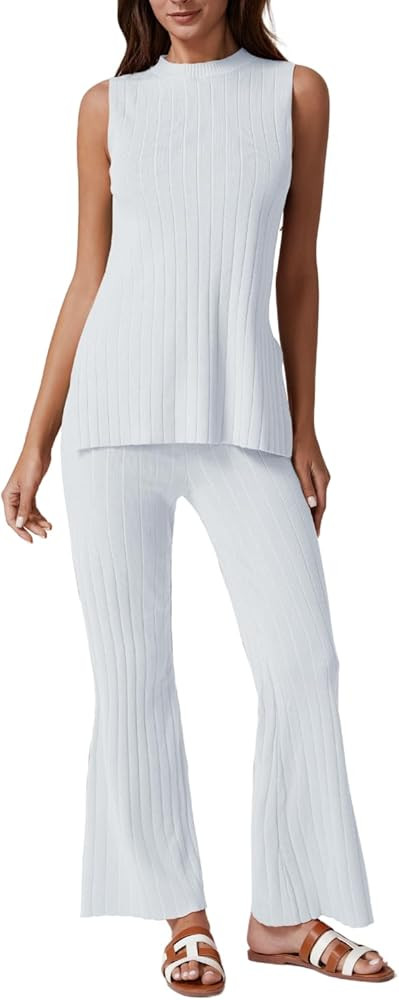QINSEN Lounge Sets for Women Two Piece Outfits Knit Sleeveless Vented Hemline Tops Wide Leg Pants... | Amazon (US)