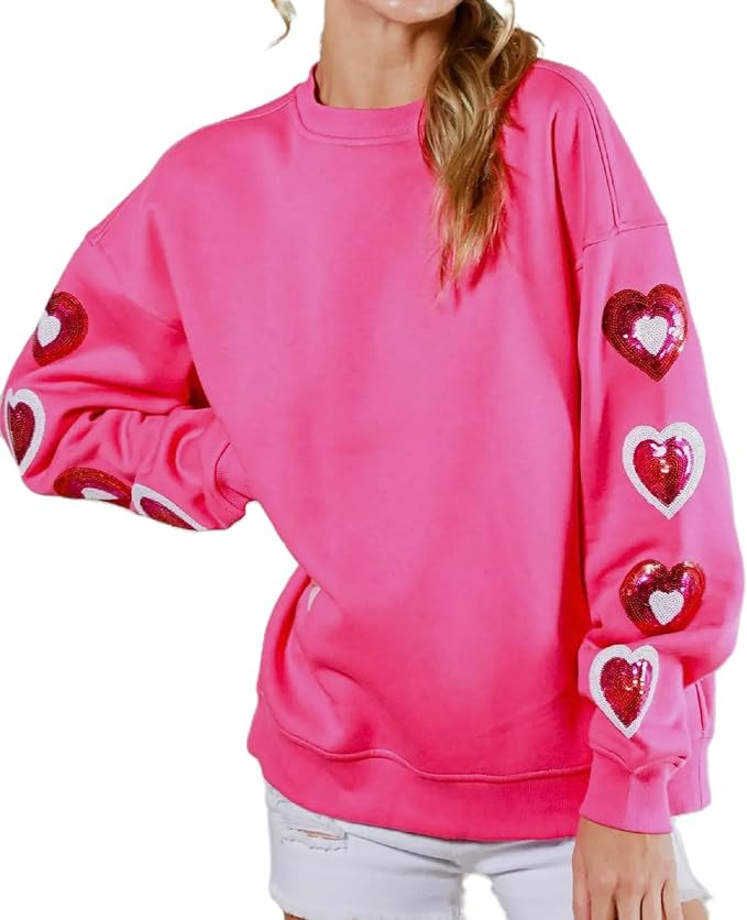 Faretumiya Women Heart Print Sequin Sweatshirt Romantic Love Graphic Shirt Valentine's Day Long S... | Amazon (US)