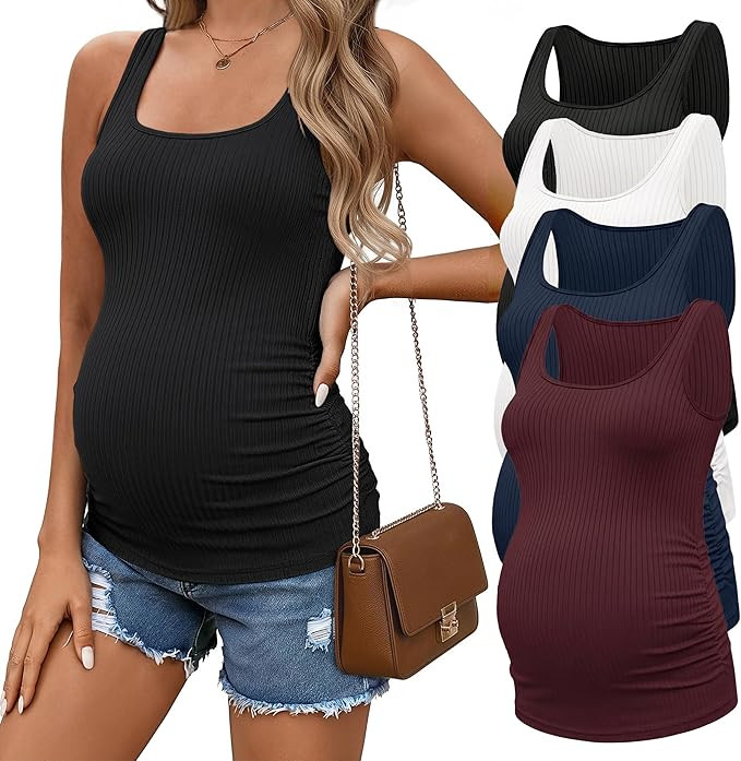 Ekouaer 4 Pack Maternity Tank Tops Ribbed Summer Pregnancy Shirts Ruch Side Tops Casual Square Ne... | Amazon (US)