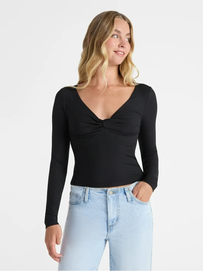 No Boundaries Twist Front Long Sleeve Top, Women's | Walmart (US)