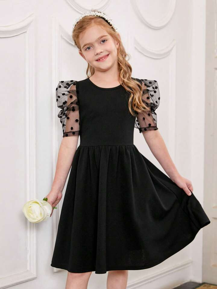 SHEIN Kids CHARMNG Girls Contrast Dobby Mesh Puff Sleeve Dress | SHEIN