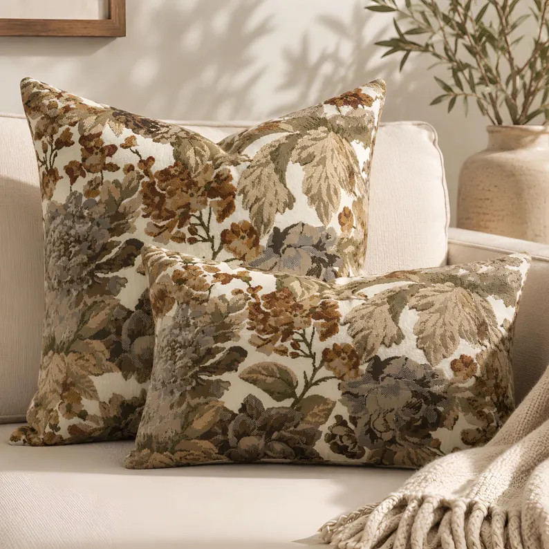 Neutral Floral Tapestry Pillow Cover, Woven Jacquard Cushion, Cottagecore Home Decor | Etsy (Global)