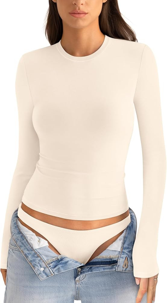 Womens Cotton Long Sleeve Shirts Crew Neck Fitted Basic Going Out Outfits Undershirt Spring Fall ... | Amazon (US)