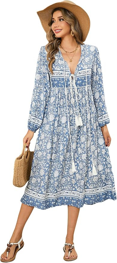 R.Vivimos Women's Long Sleeve Floral Print Retro V Neck Tassel Bohemian Midi Dresses | Amazon (US)