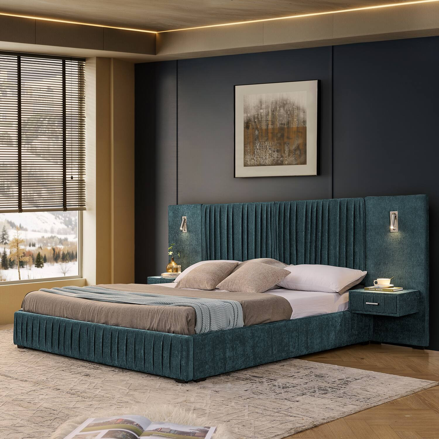 Anysun - King Chenille Upholstered Platform Bed with Pleated Design & Headboard - Solid Frame, Side Table, No Box Spring Needed - Blue | Best Buy U.S.