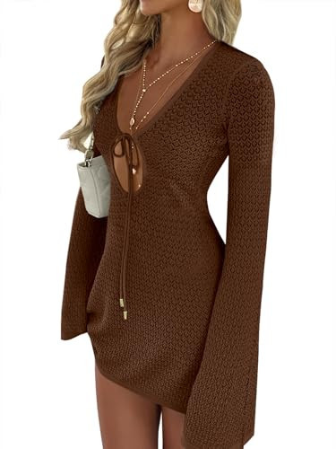 ANRABESS Womens Swimsuit Crochet Swim Cover Up Summer Bathing Suit Swimwear Hollow Out Mesh Knit Beach Dress Vacation Outfits Medium Brown | Amazon (US)
