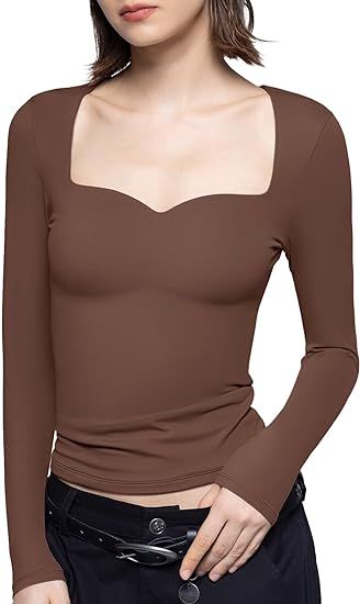 PUMIEY Women's Long Sleeve T Shirts Sweetheart Neck - Slim Fit Going Out Tops Sexy Basic Tee Smok... | Amazon (US)