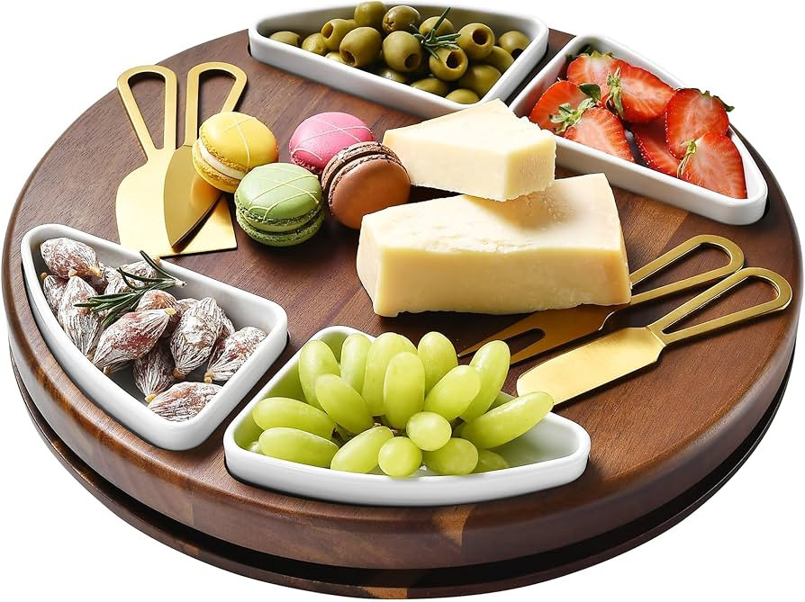 Shanik Upgraded Lazy Susan Cheese Cutting Board Set - Round Acacia Charcuterie Board With 4 Ceram... | Amazon (US)