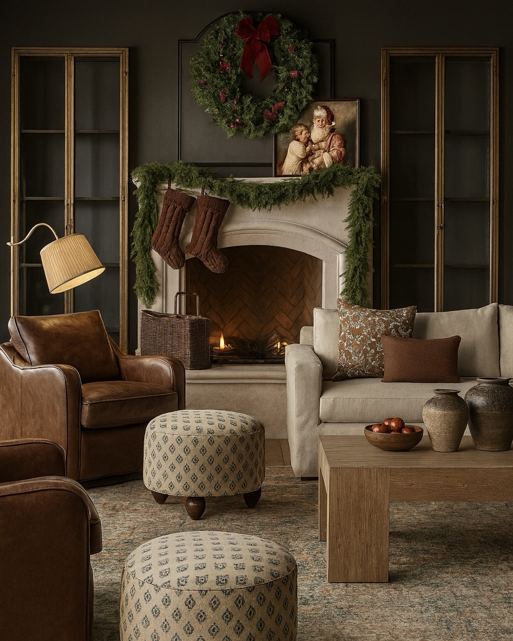 Love this moody holiday living room these bookcases are so beautiful love the lock screen ottoman, the brown, leather chairs, neutral, moody, living room holiday living room, Christmas living room, coffee table, accent chair, floor lamp.

#LTKSaleAlert #LTKHome #LTKHoliday
