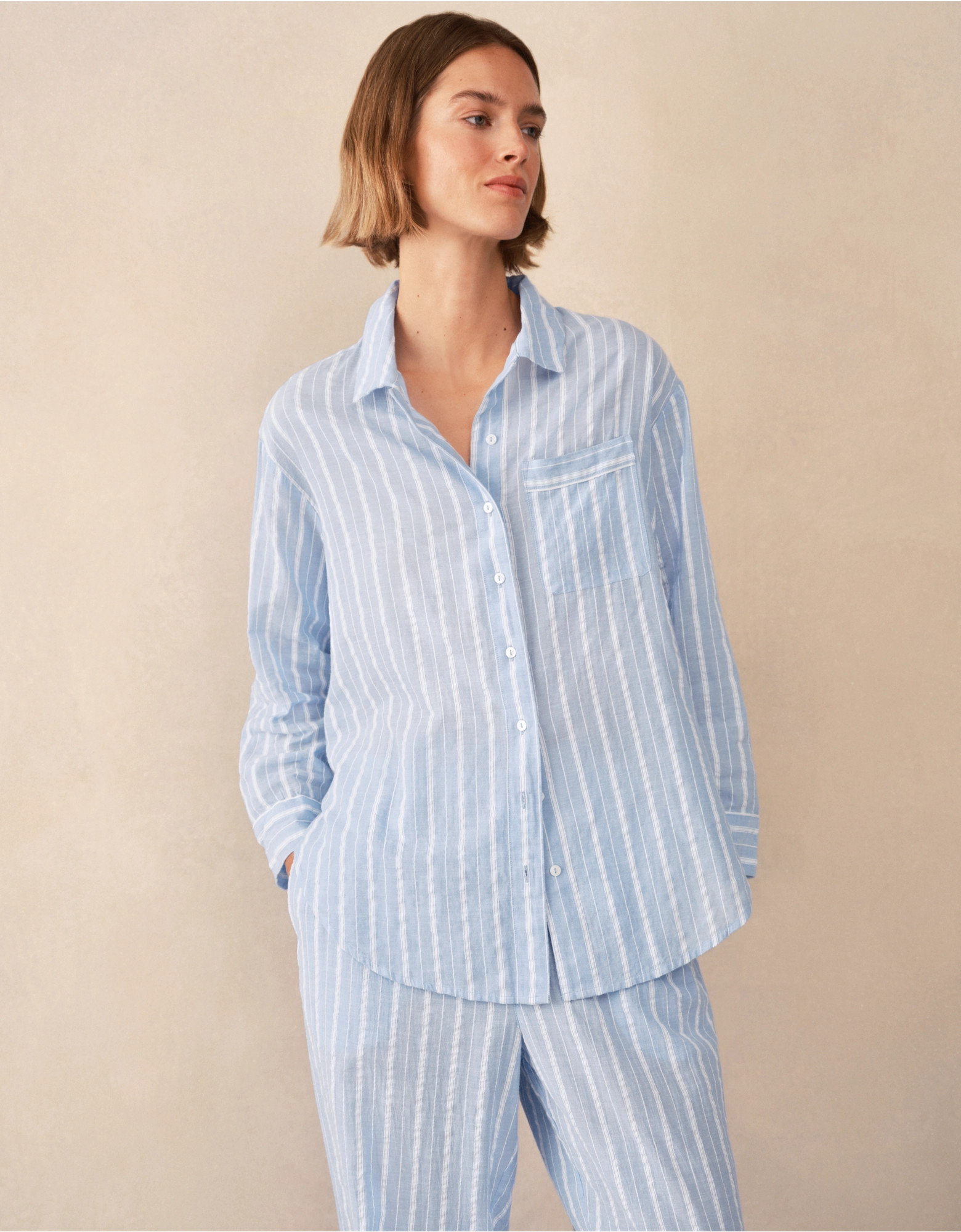 Organic Cotton Seersucker Relaxed Stripe Pyjama Set | The White Company UK & ROW