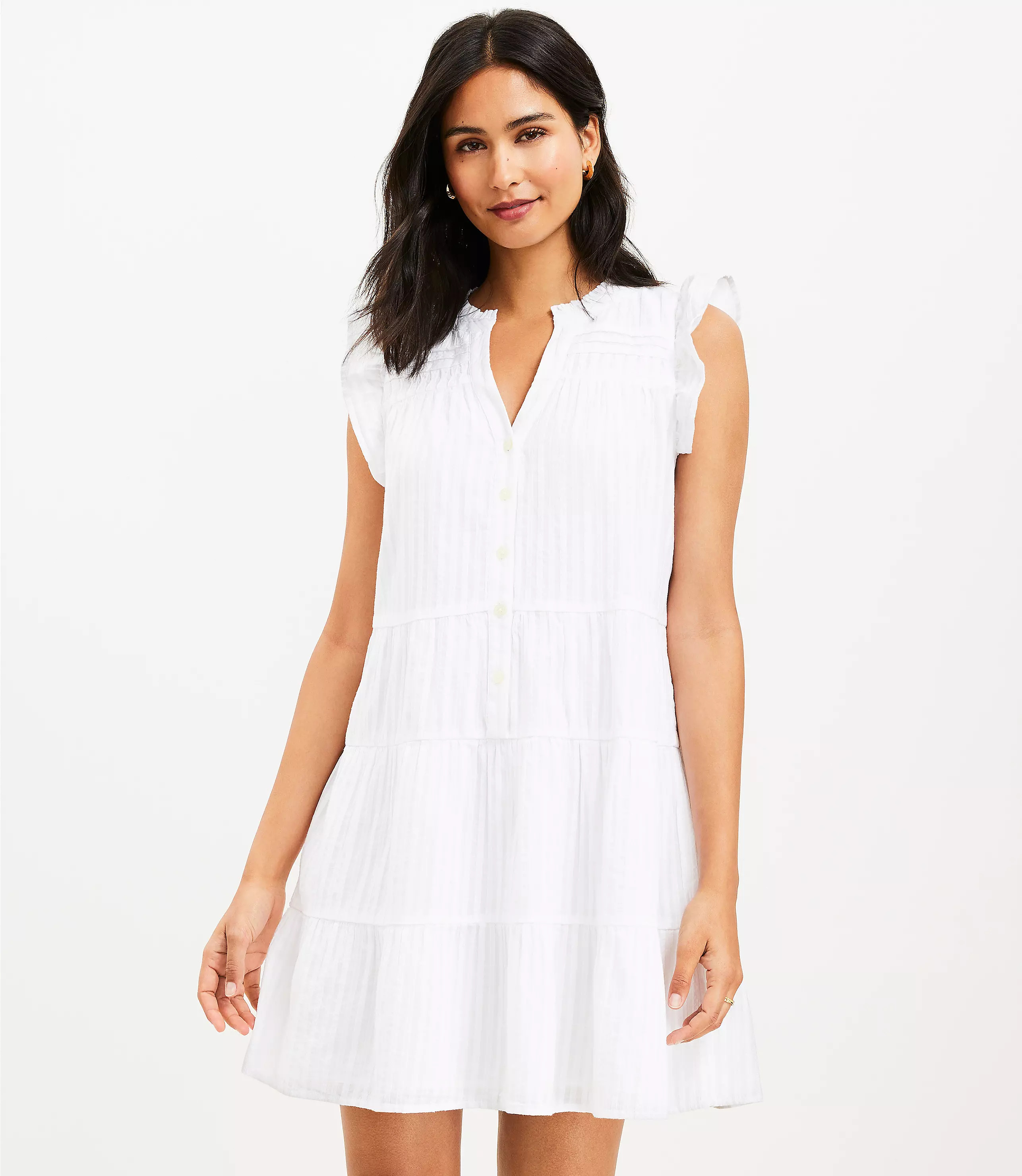 Striped Flutter Button Tiered Swing Dress | LOFT