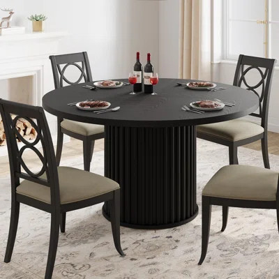 47Inch Round Dining Table for 4-6 People, Black Dining Room Table with Sturdy Waveform Metal Pedestal Base, Industrial Circle Kitchen Table for Dining | Wayfair North America