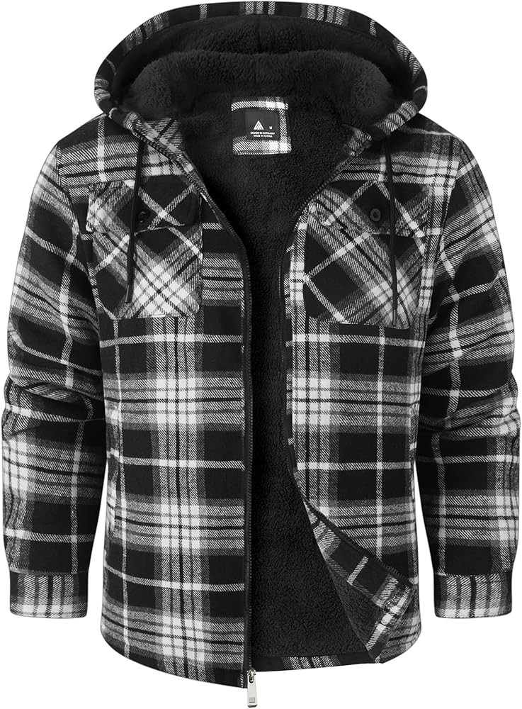 V VALANCH Mens Flannel Jacket with Hood Sherpa Lined Fleece Jacket Men Zip Up Plaid Hoodies Outdo... | Amazon (US)