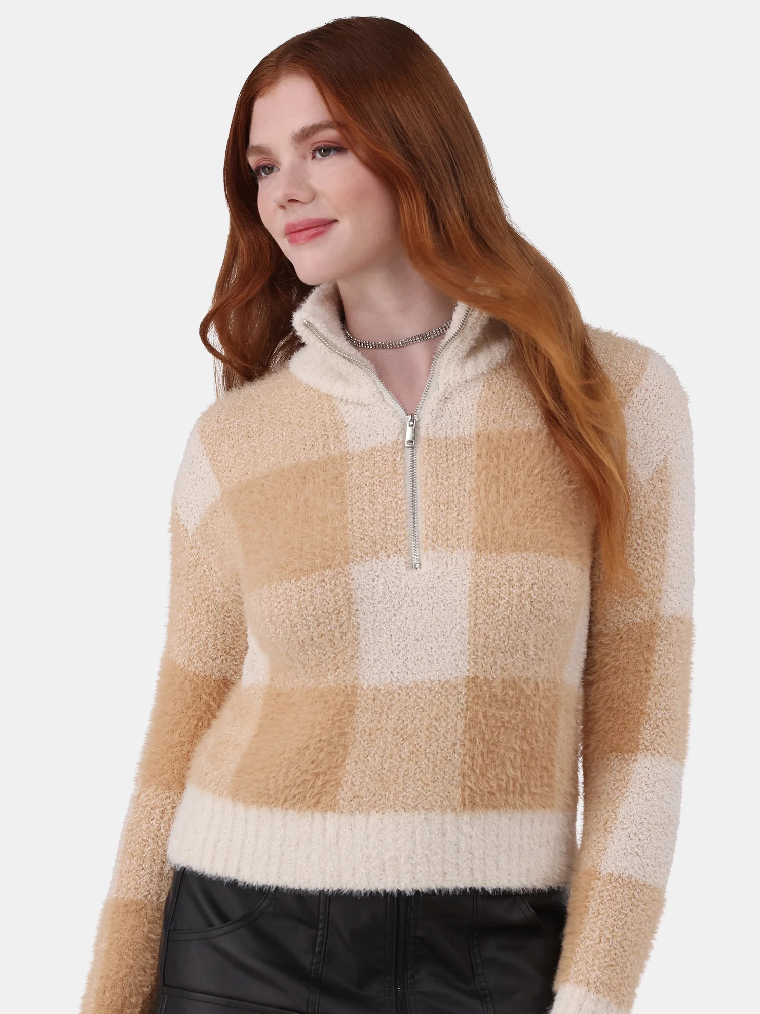 No Boundaries Plaid Quarter Zip Pullover Sweater, Women's and Women’s Plus | Walmart (US)