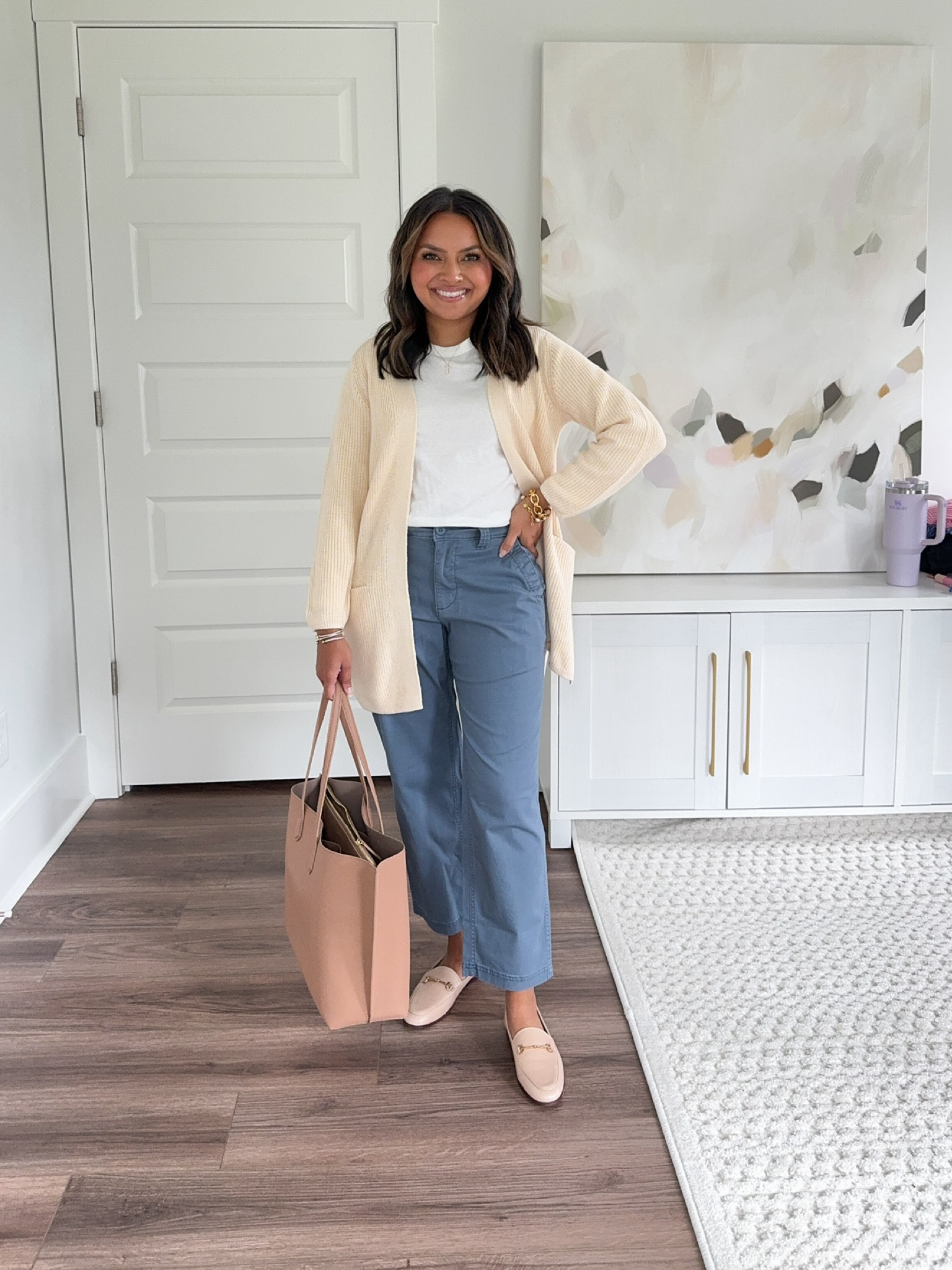 Tan cardigan sweater size XS Petite TTS
White t-shirt size XS petite TTS 
Light grey/blue high waisted pants size XS petite TTS 
Tan Loafers size 5 TTS 

Workwear 
Work outfit 
Office outfit 
Teacher outfit 
Back to school 

Honey sweet petite 
Honeysweetpetite 

#LTKBacktoSchool #LTKWorkwear #LTKStyleTip