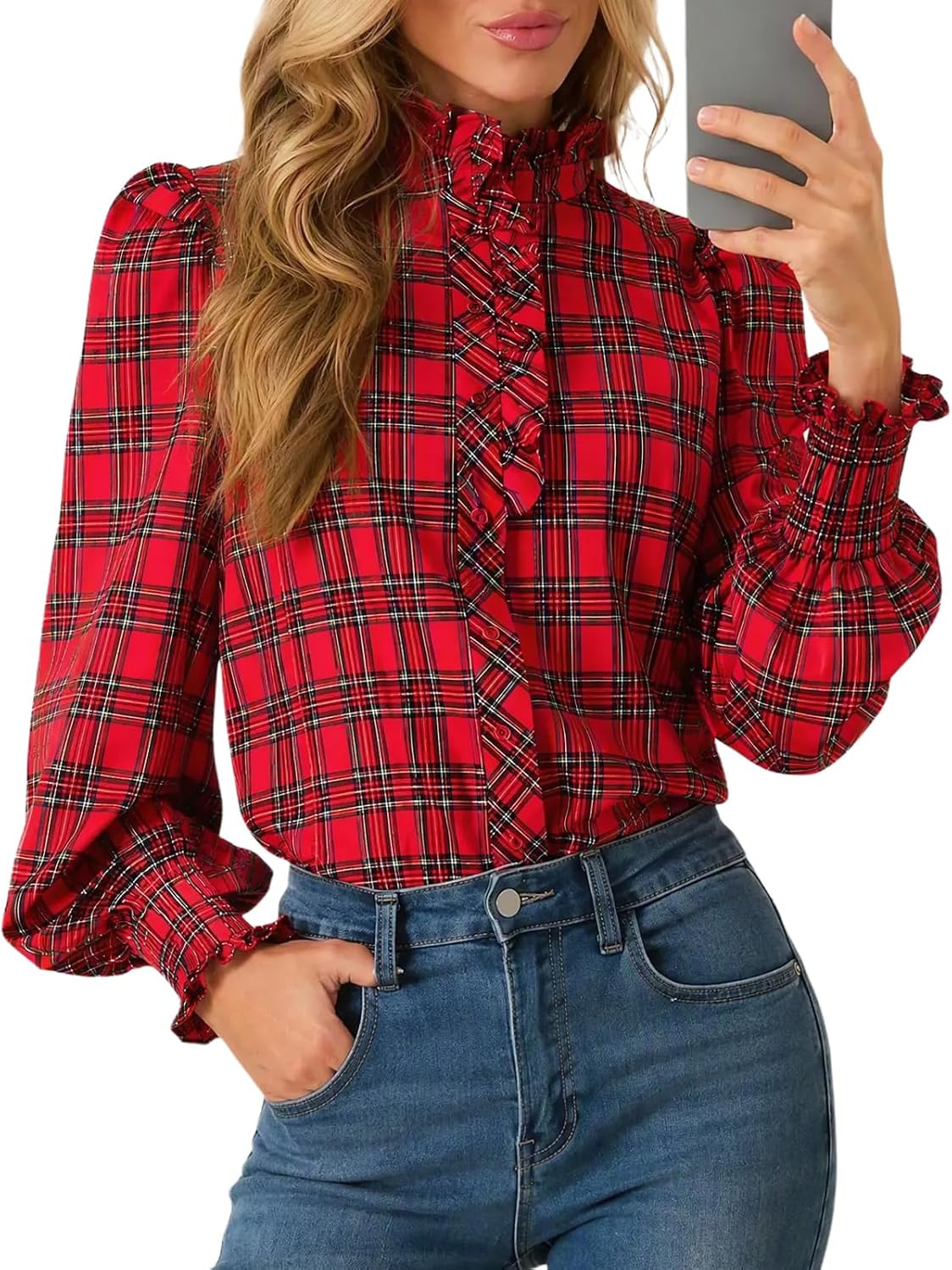 Imily Bela Womens Casual uffle Button Down Shirt Stand Collar Plaid Blouses | Amazon (US)