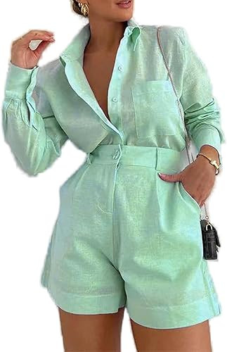 Geulis Women's 2 Piece Shirts Outfits Casual Button down Long Sleeve Blouses Tops High Waisted Sh... | Amazon (US)