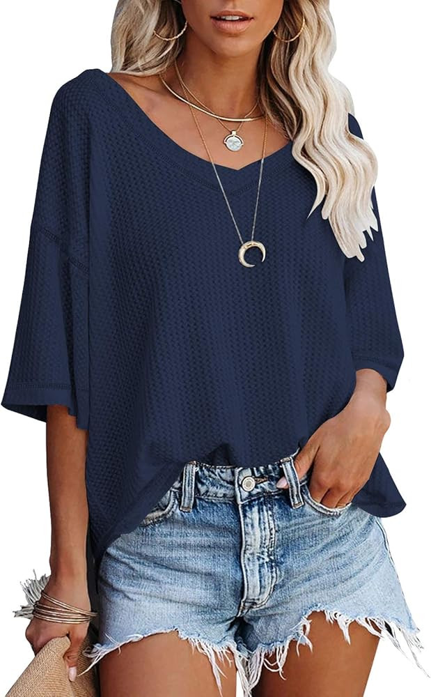 MEROKEETY Women's V Neck Batwing Half Sleeve Shirts Waffle Knit Loose Blouse Solid Color Tops | Amazon (US)