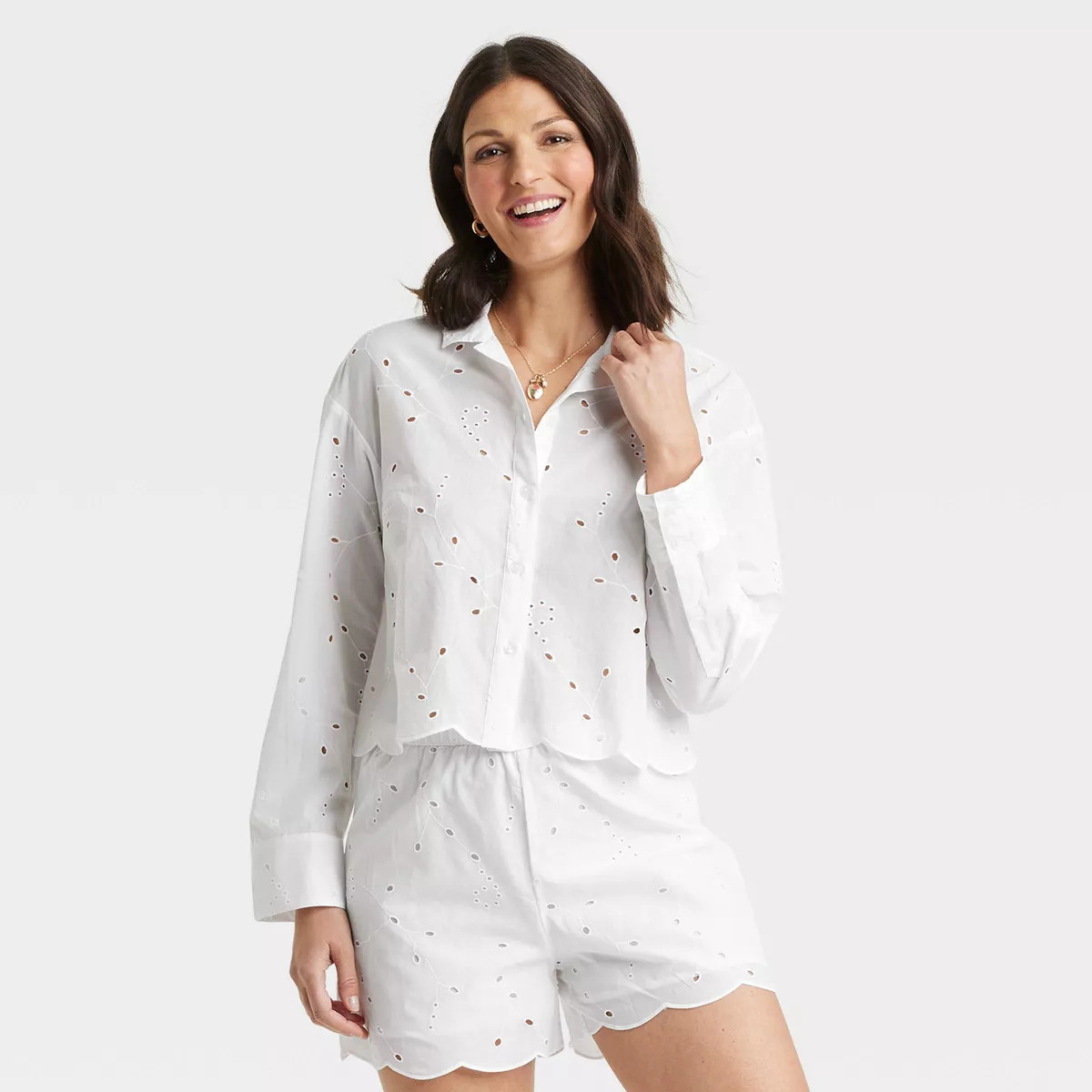 Women's Eyelet Long Sleeve Button-Down Shirt - A New Day™ | Target