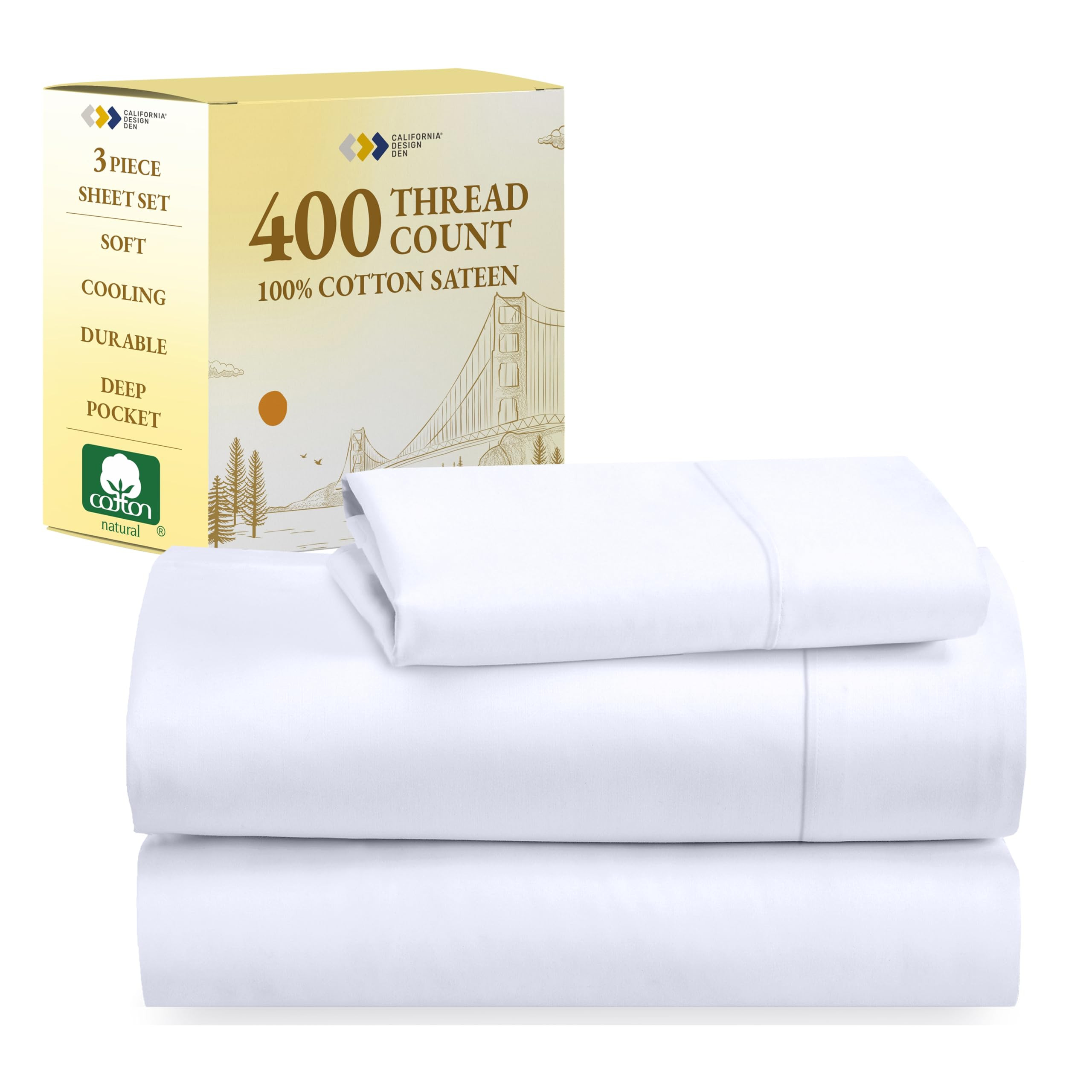 California Design Den Twin XL Sheets Set - Soft 400 Thread Count Sateen, Natural 100% Cotton Shee... | Amazon (US)