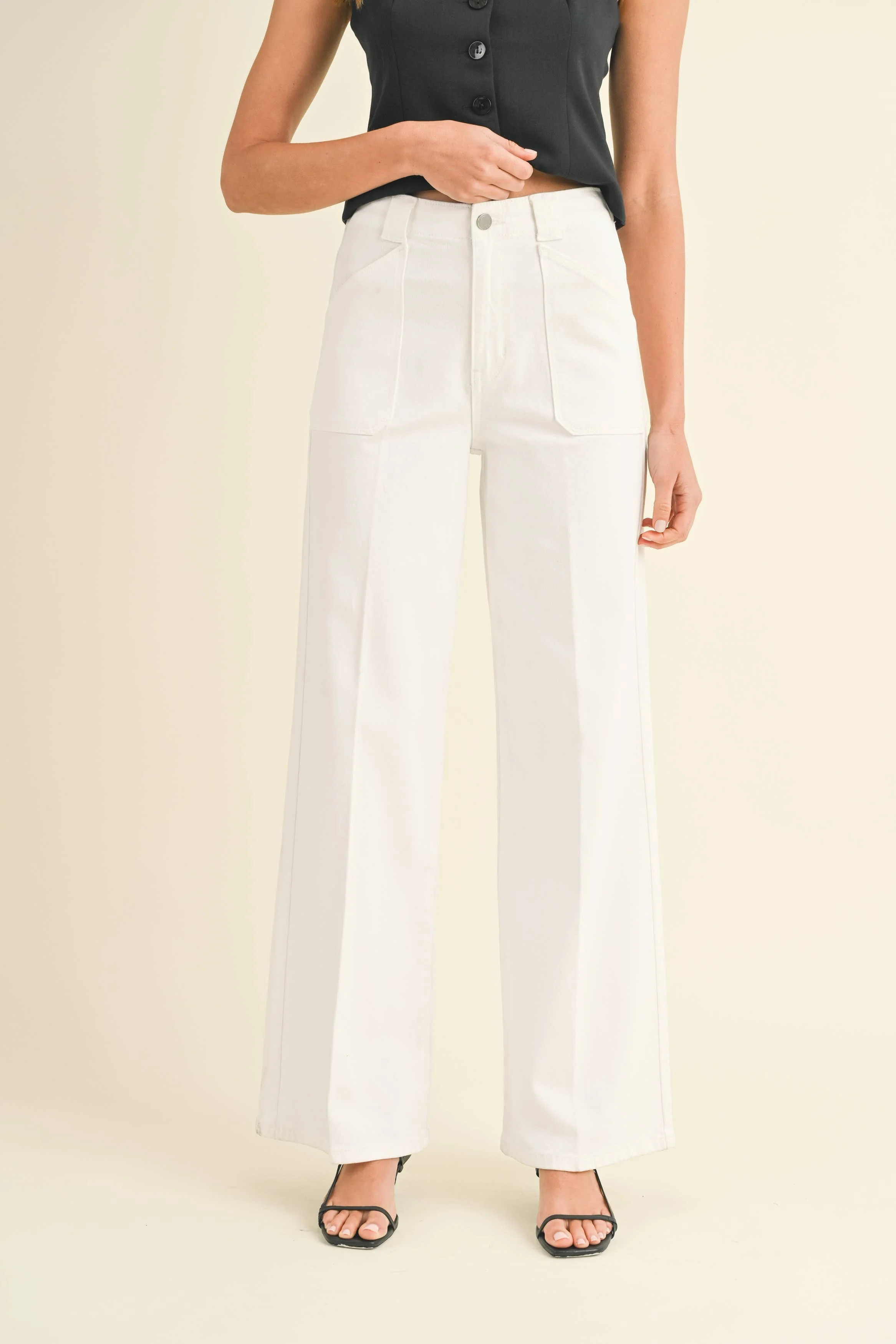 White - Patch Pocket Wide Leg Flare Jeans | Lovi