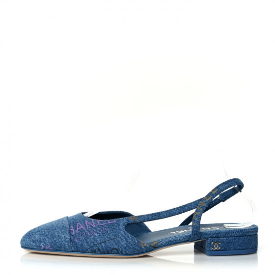 CHANEL Denim Cap Toe CC Slingback Flats 37.5 Light Blue Multicolor | FASHIONPHILE (US)