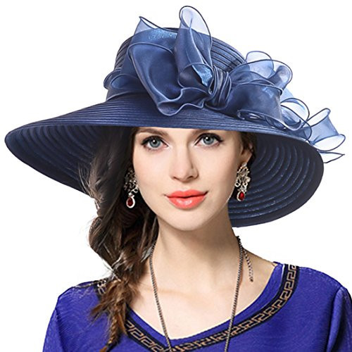 VECRY Lady Derby Dress Church Cloche Hat Bow Bucket Wedding Bowler Hats (Wide Brim-Navy) | Amazon (US)