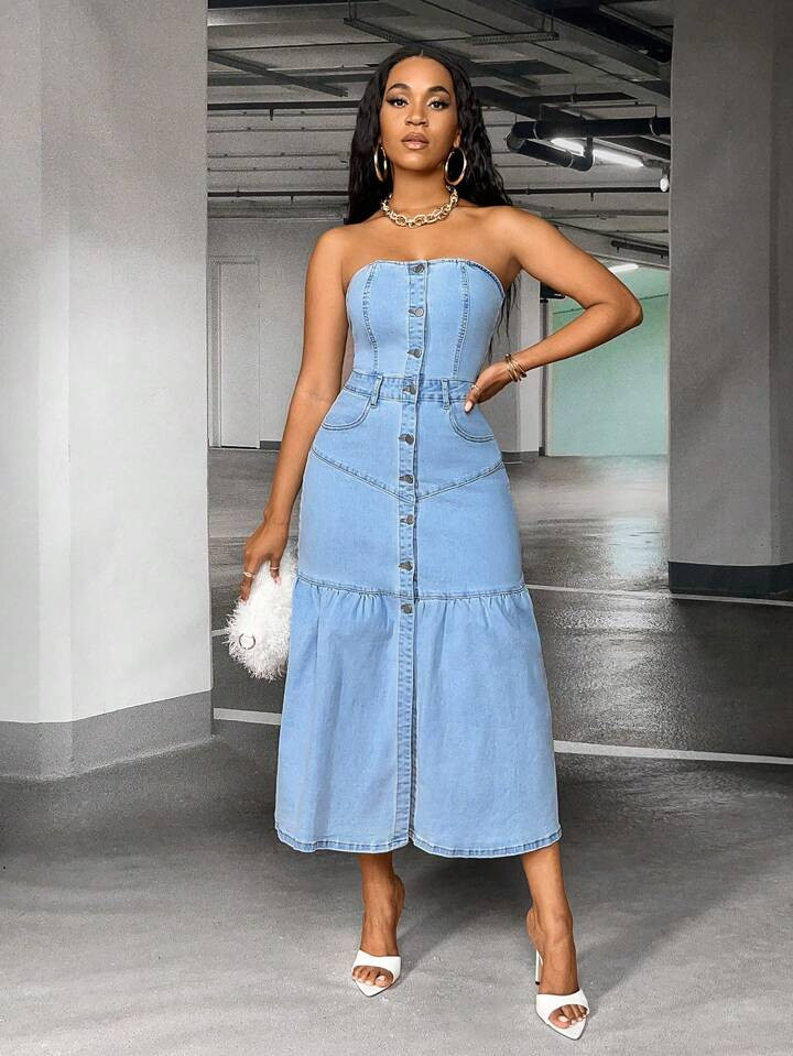 SHEIN SXY Button Front Tube Denim Dress | SHEIN
