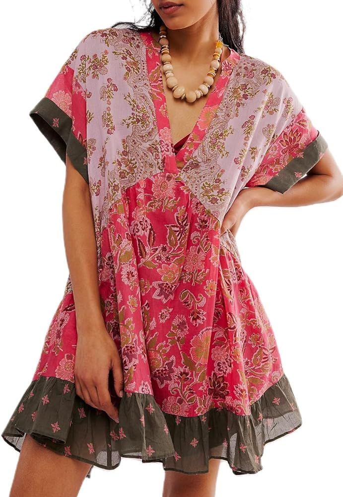 Women Bohemian Floral Mini Dress Boho Puff Sleeve V Neck Dress 2024 Summer Beach Short Dress | Amazon (US)