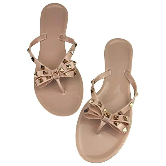Women Jelly flip Flop Bow Sandals-Beach Flat Rivets Rain Ankle Strap Thong Nude | Walmart (US)