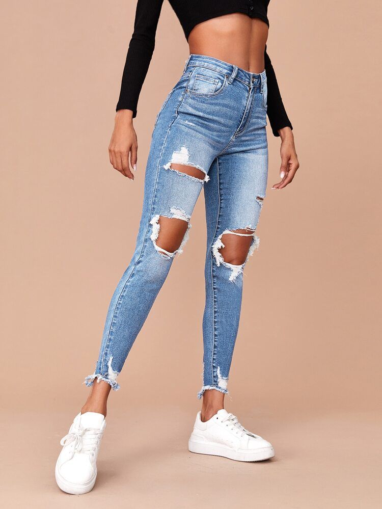 Raw Hem Ripped Skinny Jeans Without Belt | SHEIN