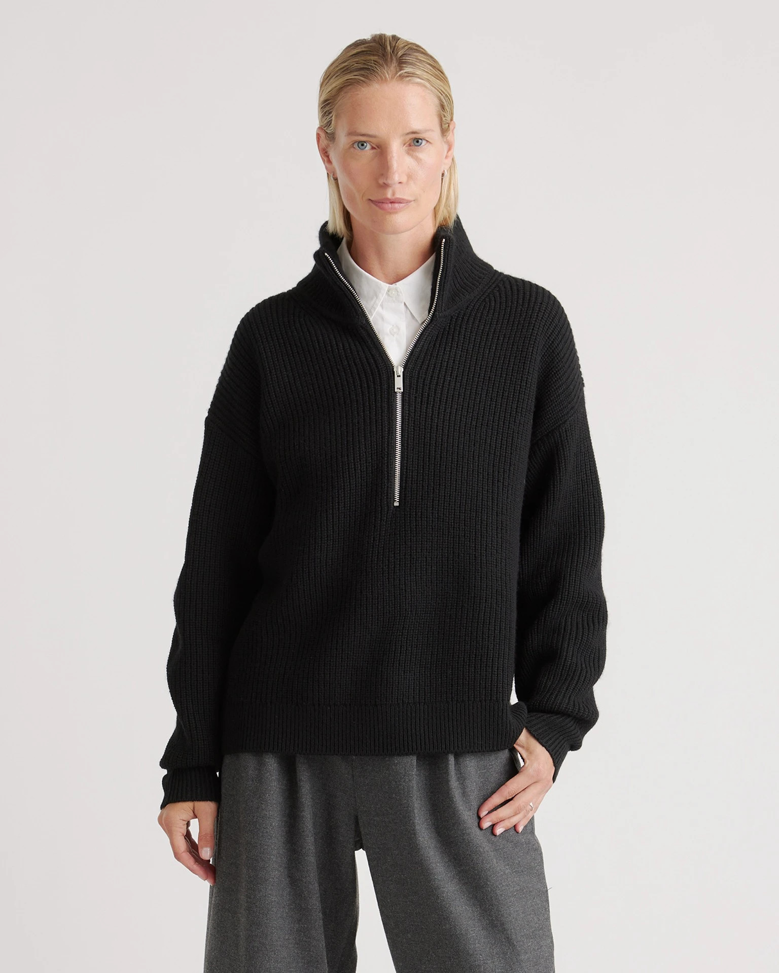 Quince | Women's Australian Merino Wool Half Zip Sweater in Heather Bone, Size Large | Quince