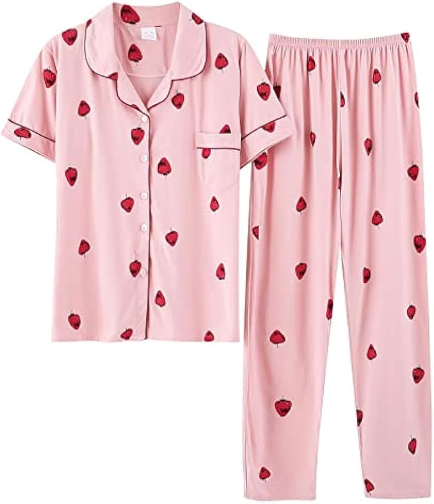 Women's 2 Piece Strawberry Print Pj Set Cute Short Sleeve Top and Pants Pajama Set Y2K Girls Cott... | Amazon (US)