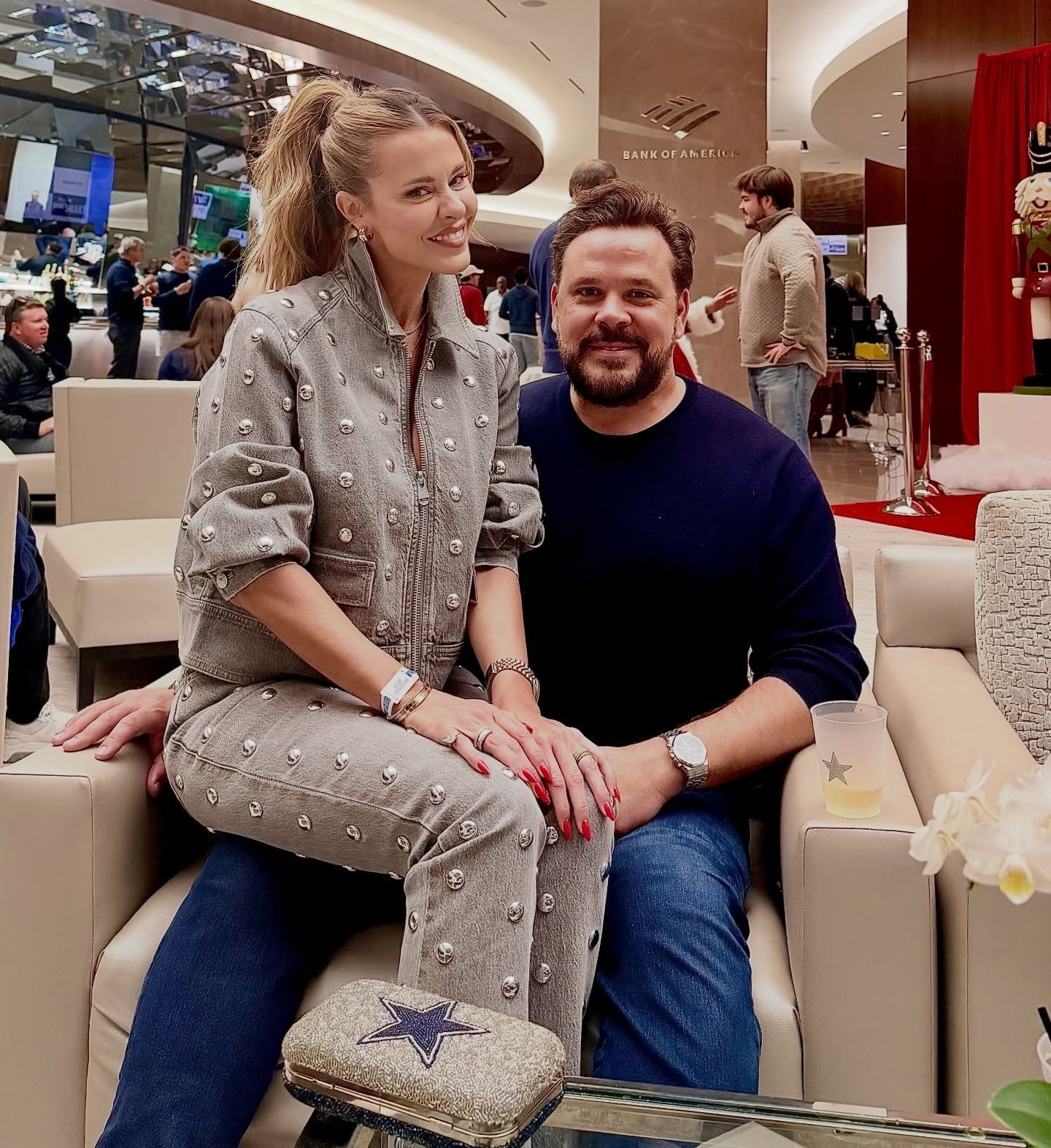 I don’t need Santa to bring me anything….I already sit on a bearded man’s lap & get anything I want 🎁🧔🏻💁🏼‍♀️// love this matching studded grey denim set // medium in the jacket and 2 in the jeans! 

#LTKHoliday #LTKootd