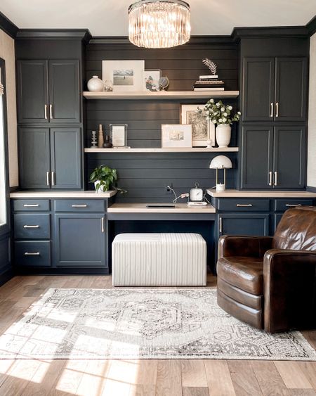 Home office inspiration 
This was a DIY project using stock unfinished hardware store cabinets, butcher block counter tops and shiplap boards to creat this moody home office look🖤
Paint colors : Valspar Chimney Smoke 
Target rug, home office decor, built ins, office storage 

#LTKhome #LTKFind #LTKstyletip