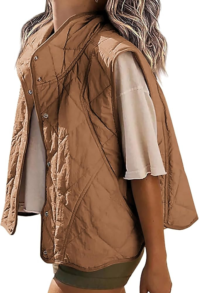Veatzaer Womens Oversized Puffer Vest Cropped Quilted Stand Collar Lightweight Jacket Sleeveless But | Amazon (US)
