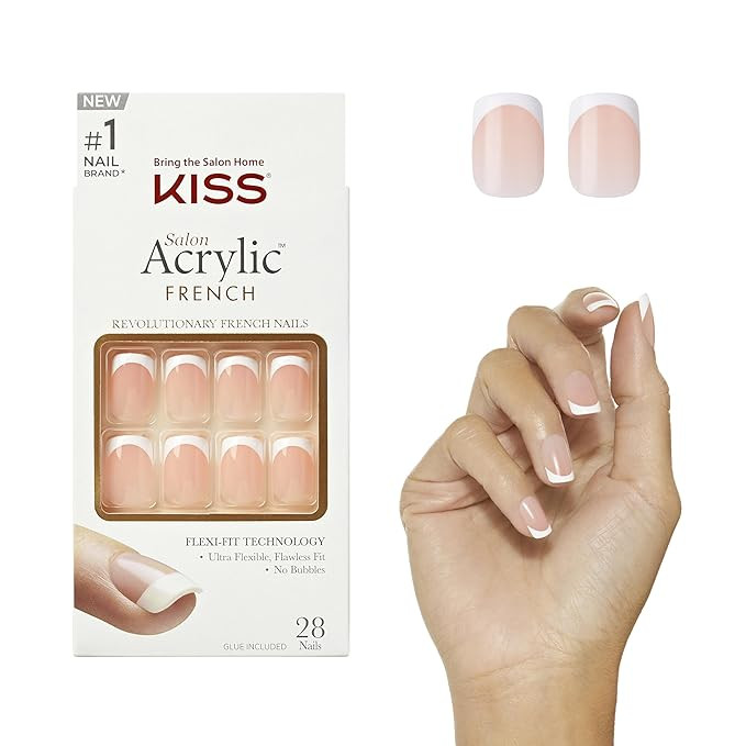 KISS Salon Acrylic Press On Nails, Nail glue included, 'Bonjour', Nude/ White, Short Size, Squova... | Amazon (US)