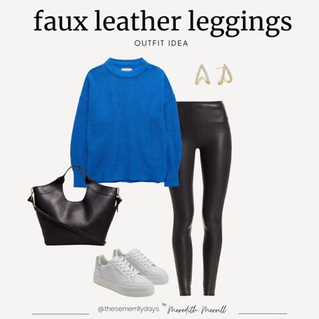 Faux Leather Leggings 

Blue sweater  blue sweatshirt  black faux leggings  black purse  black  bottoms  white shoes  gold earrings 

#LTKHoliday #LTKstyletip #LTKparties