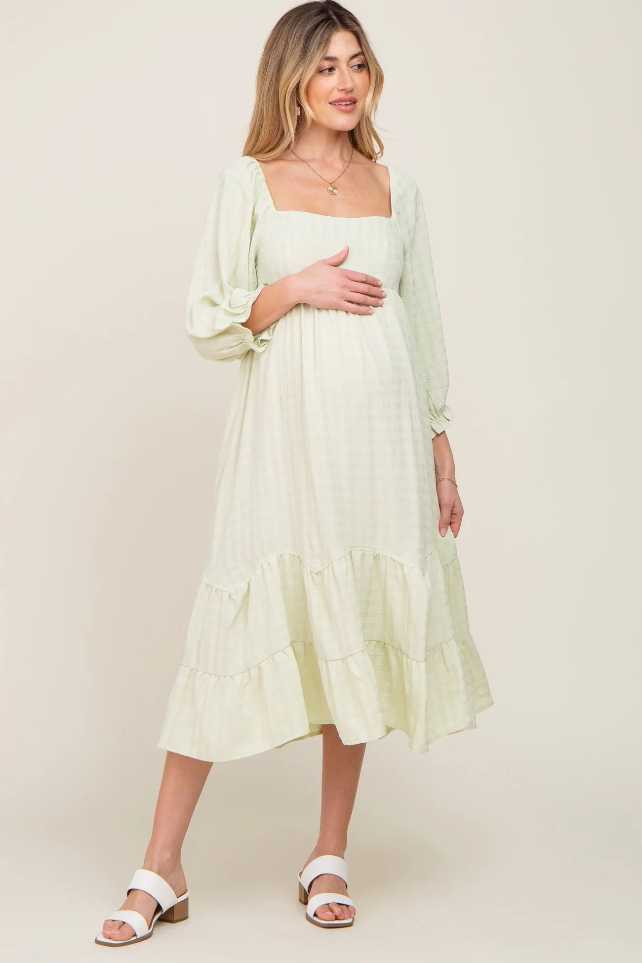 Light Green Striped 3/4 Cinched Sleeve Tiered Maternity Midi Dress | PinkBlush Maternity